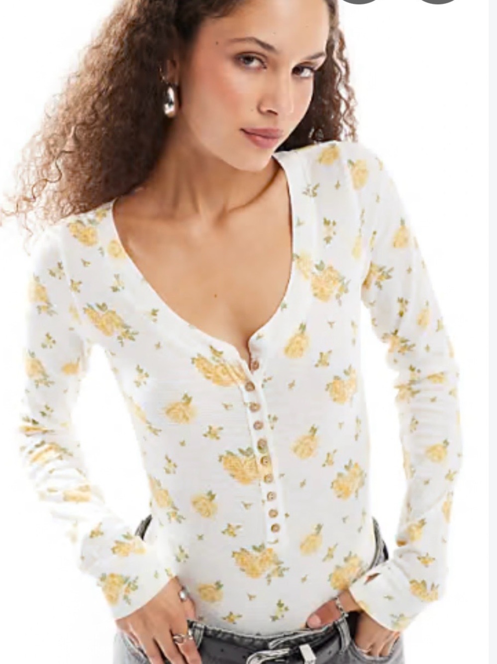 Free People White Long-Sleeve Floral Henley Bodysuit with Yellow Roses